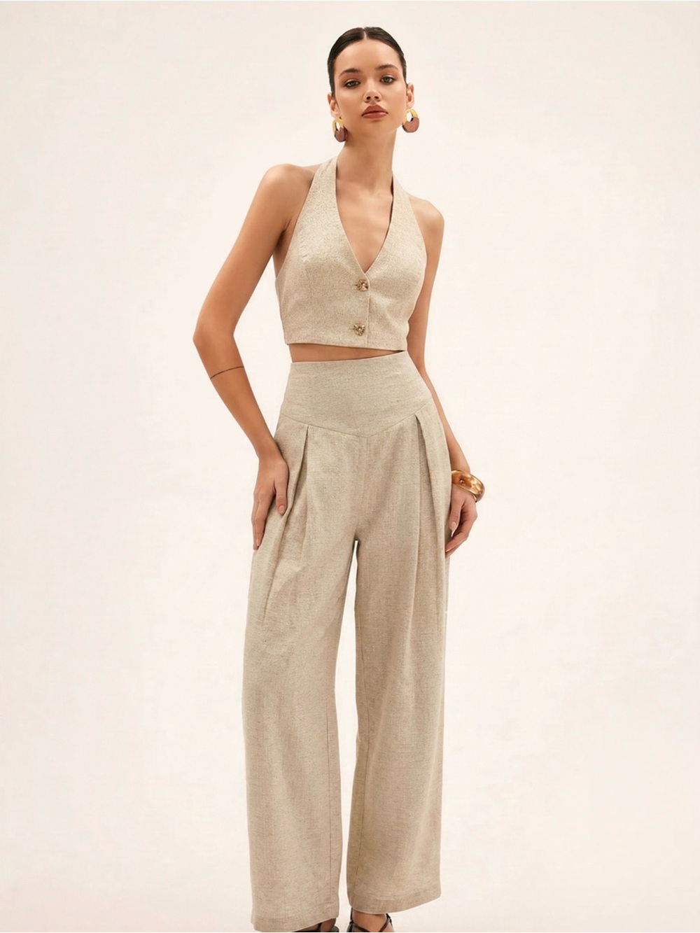 Commense Linen Blend Halter Crop Top & Pants Set